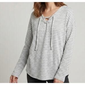 a new day Womens Small V Neck Long Sleeve Gray Stripe Shirt Tie Neckline